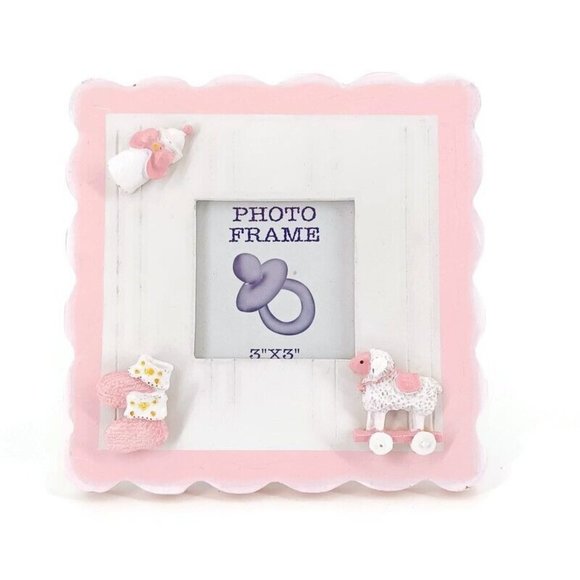 Newborn Baby Girl Photo Frame Gift Pink 3x3 Picture Free Stand Wood 6.5x6.5 Dime - Picture 2 of 12